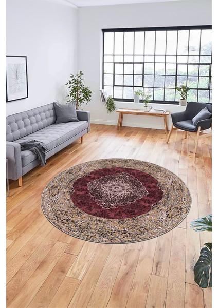 Baskılı Kaymaz Yıkanabilir Göbekli Klasik Desen Yuvarlak Salon Halısı, Y-Klasik-07-Bordo,