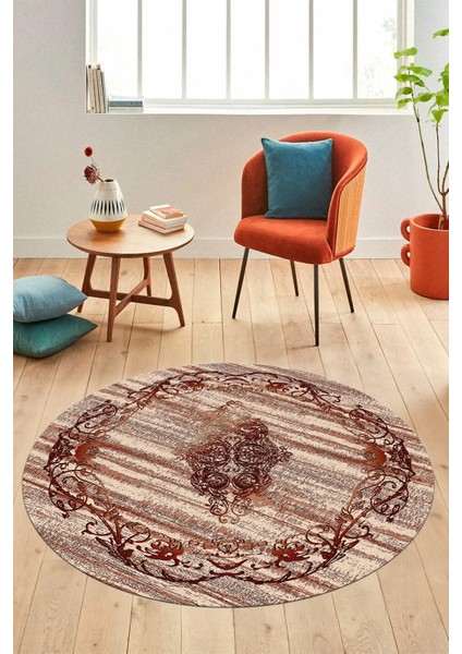 Klasik Desenli Dijital Kaymaz Taban Yıkanabilir Yuvarlak Mutfak Salon Halısı, Y-Klasik-11-Bordo,