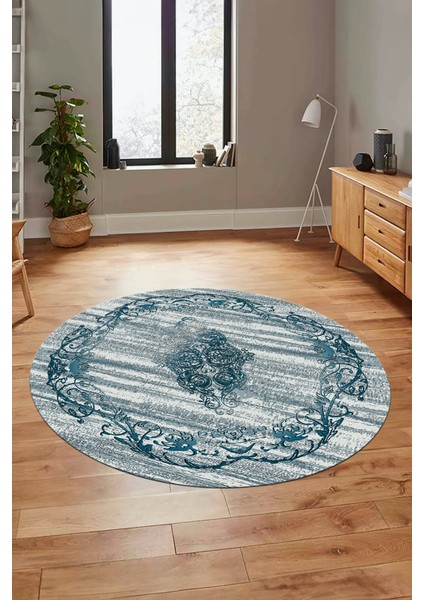 Klasik Desenli Dijital Kaymaz Taban Yıkanabilir Yuvarlak Mutfak Salon Halısı, Y-Klasik-11-Mavi, indirimleri