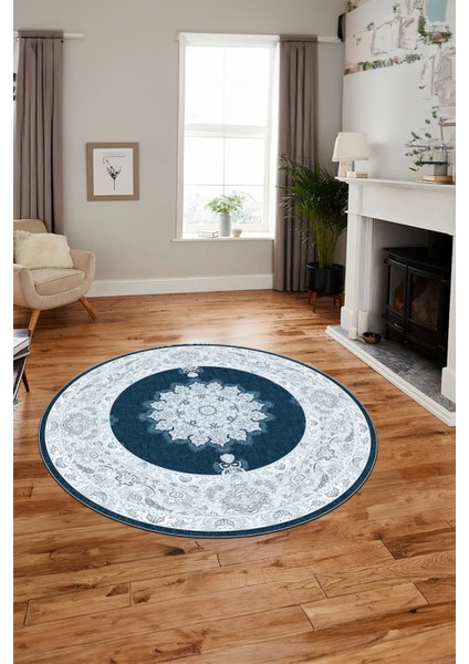Baskılı Kaymaz Yıkanabilir Göbekli Klasik Desen Yuvarlak Mutfak Salon Halısı, Y-Klasik-03-Mavi,