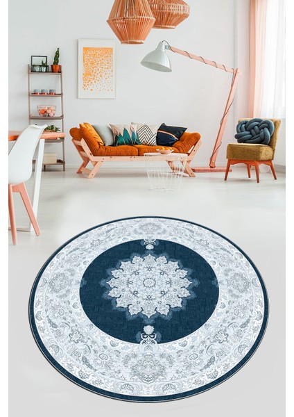 Baskılı Kaymaz Yıkanabilir Göbekli Klasik Desen Yuvarlak Mutfak Salon Halısı, Y-Klasik-03-Mavi, fırsatları