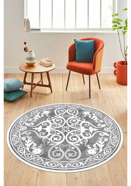 Baskılı Kaymaz Yıkanabilir Klasik Desenli Yuvarlak Mutfak Salon Halısı, Y-Klasik-09-Gri,