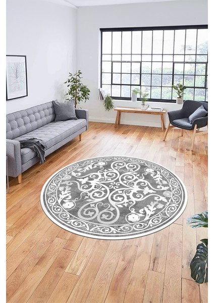 Baskılı Kaymaz Yıkanabilir Klasik Desenli Yuvarlak Mutfak Salon Halısı, Y-Klasik-09-Gri,