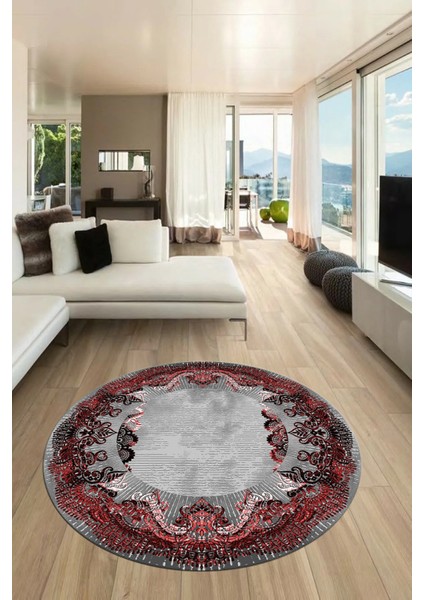 Baskılı Kaymaz Yıkanabilir Renkli Klasik Desen Yuvarlak Salon Halısı, Y-Klasik-08-Bordo,