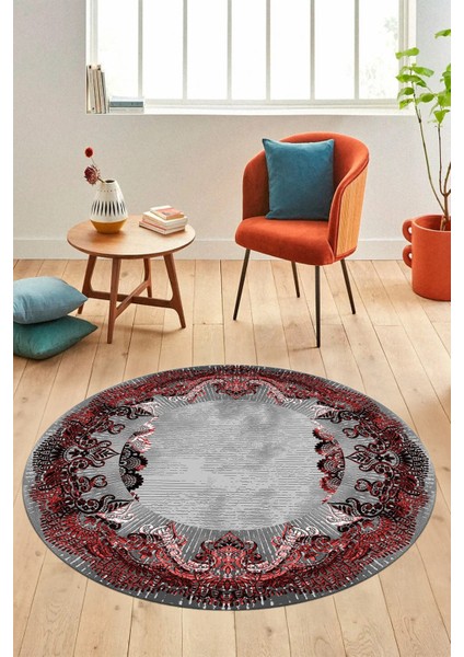 Baskılı Kaymaz Yıkanabilir Renkli Klasik Desen Yuvarlak Salon Halısı, Y-Klasik-08-Bordo,