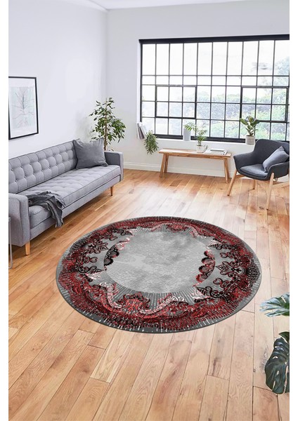 Baskılı Kaymaz Yıkanabilir Renkli Klasik Desen Yuvarlak Salon Halısı, Y-Klasik-08-Bordo,