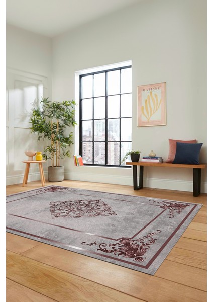 Dijital Kaymaz Yıkanabilir Çerçeveli Klasik Desen Yolluk Mutfak Salon Halısı, Klasik-05-Bordo,