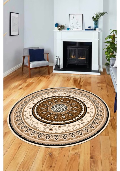 Göbekli Klasik Dijital Kaymaz Taban Yıkanabilir Yuvarlak Mutfak Salon Halısı, Y-Klasik-18-Kahve, fiyatları