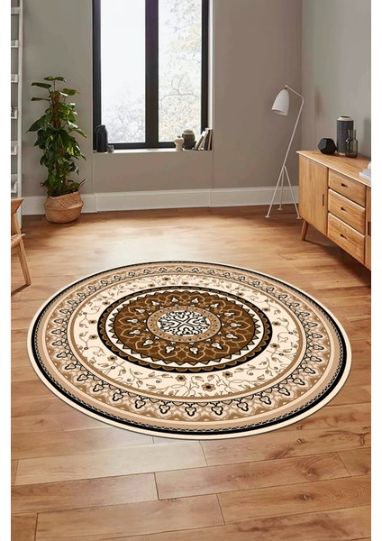 Göbekli Klasik Dijital Kaymaz Taban Yıkanabilir Yuvarlak Mutfak Salon Halısı, Y-Klasik-18-Kahve, modelleri