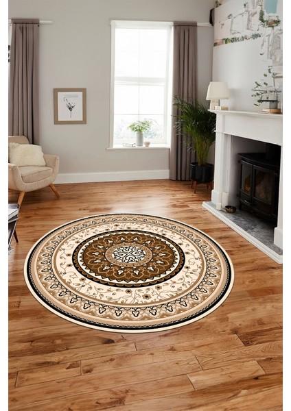 Göbekli Klasik Dijital Kaymaz Taban Yıkanabilir Yuvarlak Mutfak Salon Halısı, Y-Klasik-18-Kahve, indirimleri