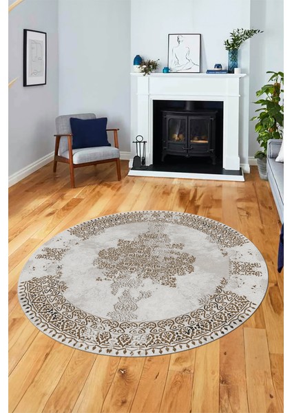 Sade Klasik Desenli Dijital Kaymaz Yıkanabilir Yuvarlak Mutfak Salon Halısı, Y-Klasik-22-Kahve,