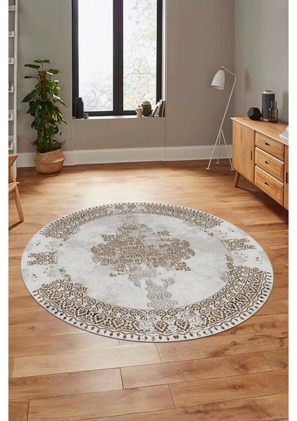 Sade Klasik Desenli Dijital Kaymaz Yıkanabilir Yuvarlak Mutfak Salon Halısı, Y-Klasik-22-Kahve, fiyatları