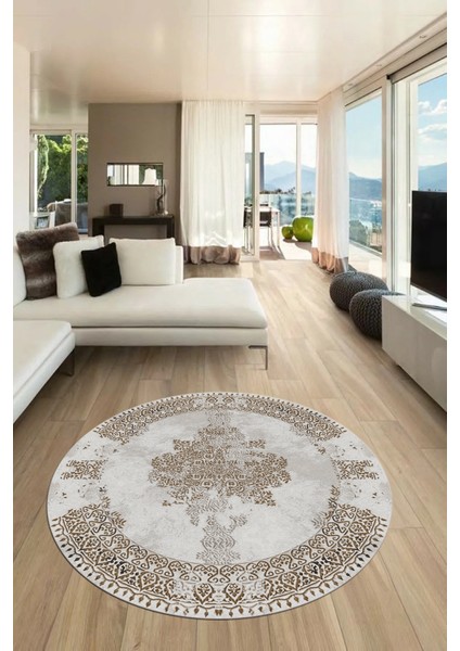 Sade Klasik Desenli Dijital Kaymaz Yıkanabilir Yuvarlak Mutfak Salon Halısı, Y-Klasik-22-Kahve, indirimleri