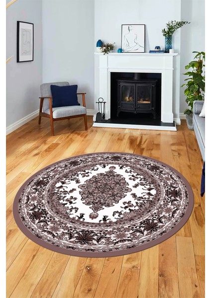 Klasik Desenli Dijital Kaymaz Yıkanabilir Yuvarlak Mutfak Salon Halısı, Y-Klasik-23-Bordo,