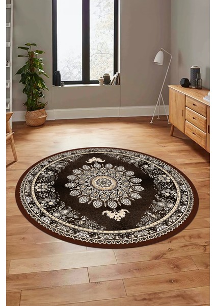 Klasik Desen Dijital Kaymaz Taban Yıkanabilir Yuvarlak Mutfak Salon Halısı, Y-Klasik-13-Kahve,
