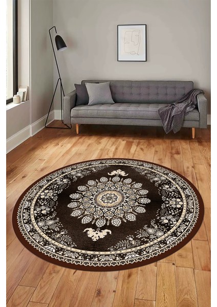 Klasik Desen Dijital Kaymaz Taban Yıkanabilir Yuvarlak Mutfak Salon Halısı, Y-Klasik-13-Kahve,