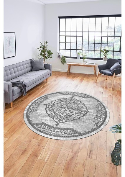 Zarif Klasik Desen Dijital Kaymaz Taban Yıkanabilir Yuvarlak Mutfak Salon Halısı, Y-Klasik-15-Gri, fiyatları