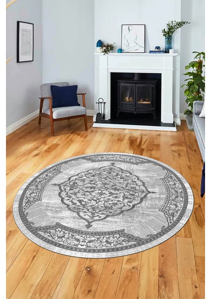 Zarif Klasik Desen Dijital Kaymaz Taban Yıkanabilir Yuvarlak Mutfak Salon Halısı, Y-Klasik-15-Gri, modelleri