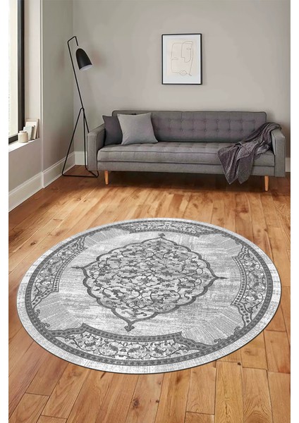 Zarif Klasik Desen Dijital Kaymaz Taban Yıkanabilir Yuvarlak Mutfak Salon Halısı, Y-Klasik-15-Gri, indirimleri