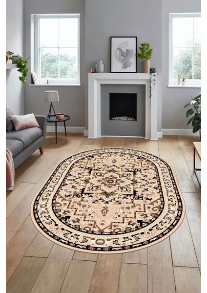 Baskılı Kaymaz Yıkanabilir Klasik Desen Oval Yolluk Mutfak Salon Halısı, O-Klasik-10-Siyah,