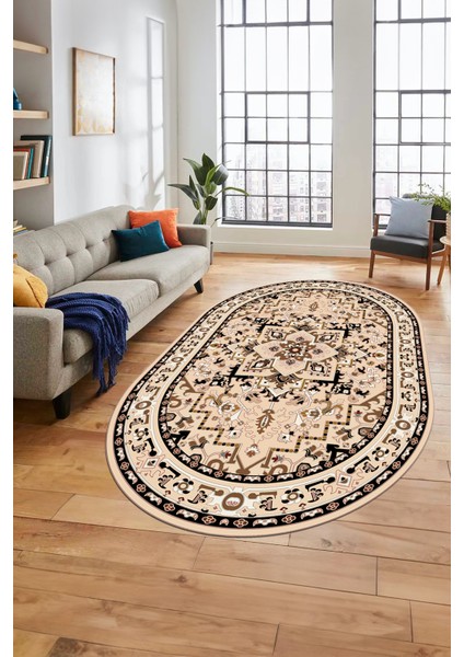 Baskılı Kaymaz Yıkanabilir Klasik Desen Oval Yolluk Mutfak Salon Halısı, O-Klasik-10-Siyah, modelleri