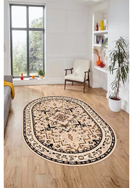 Baskılı Kaymaz Yıkanabilir Klasik Desen Oval Yolluk Mutfak Salon Halısı, O-Klasik-10-Siyah, indirimleri