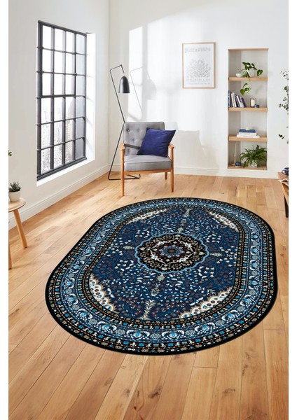 Renkli Klasik Desen Dijital Kaymaz Yıkanabilir Oval Yolluk Salon Halısı, O-Klasik-26-Lacivert,