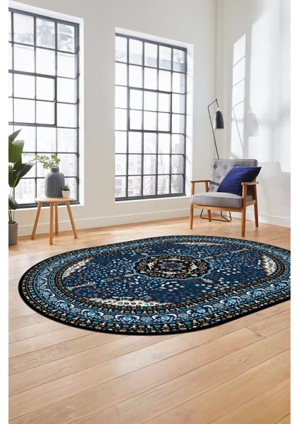 Renkli Klasik Desen Dijital Kaymaz Yıkanabilir Oval Yolluk Salon Halısı, O-Klasik-26-Lacivert,