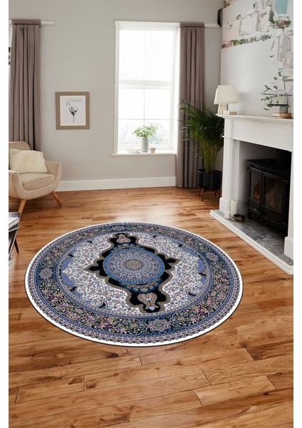 Baskılı Kaymaz Yıkanabilir Çerçeveli Göbekli Klasik Desen Salon Halısı, Y-Klasik-02-Mavi,