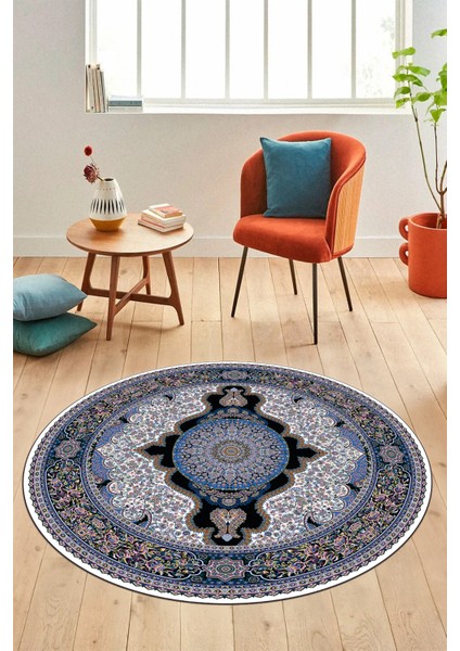 Baskılı Kaymaz Yıkanabilir Çerçeveli Göbekli Klasik Desen Salon Halısı, Y-Klasik-02-Mavi, modelleri