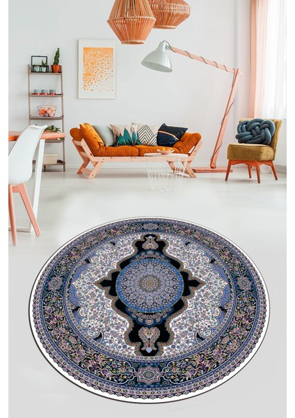 Baskılı Kaymaz Yıkanabilir Çerçeveli Göbekli Klasik Desen Salon Halısı, Y-Klasik-02-Mavi, fırsatları