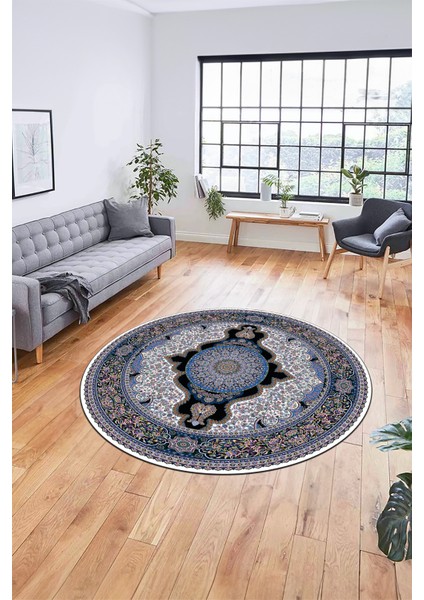 Baskılı Kaymaz Yıkanabilir Çerçeveli Göbekli Klasik Desen Salon Halısı, Y-Klasik-02-Mavi, indirimleri