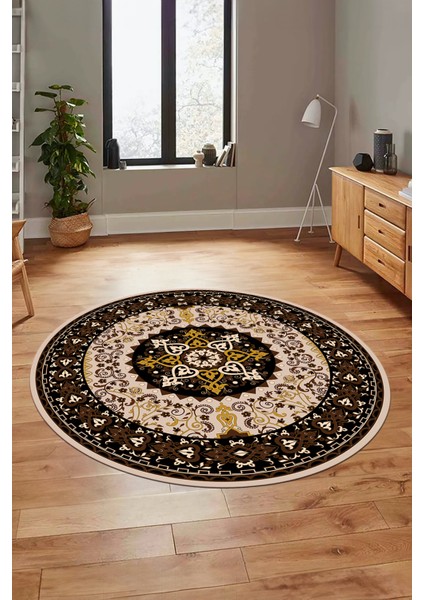 Renkli Klasik Motifli Dijital Kaymaz Yıkanabilir Yuvarlak Mutfak Salon Halısı, Y-Klasik-27-Kahve,
