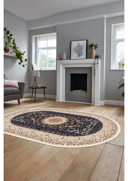 Şık Klasik Dijital Kaymaz Taban Yıkanabilir Oval Yolluk Mutfak Salon Halısı, O-Klasik-14-Krem,