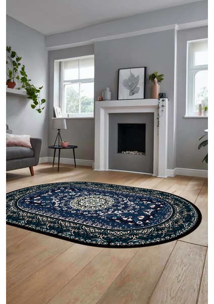 Şık Klasik Dijital Kaymaz Taban Yıkanabilir Oval Yolluk Mutfak Salon Halısı, O-Klasik-14-Mavi,
