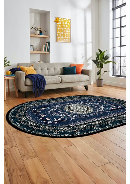 Şık Klasik Dijital Kaymaz Taban Yıkanabilir Oval Yolluk Mutfak Salon Halısı, O-Klasik-14-Mavi, modelleri