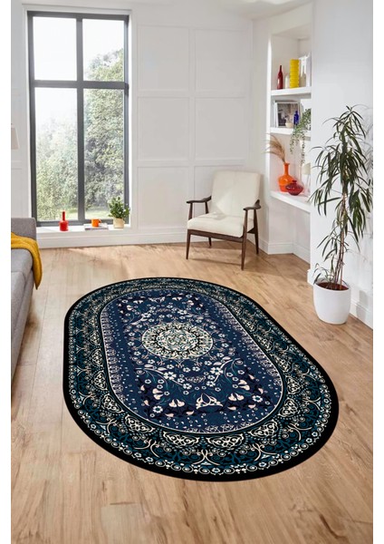 Şık Klasik Dijital Kaymaz Taban Yıkanabilir Oval Yolluk Mutfak Salon Halısı, O-Klasik-14-Mavi, fırsatları