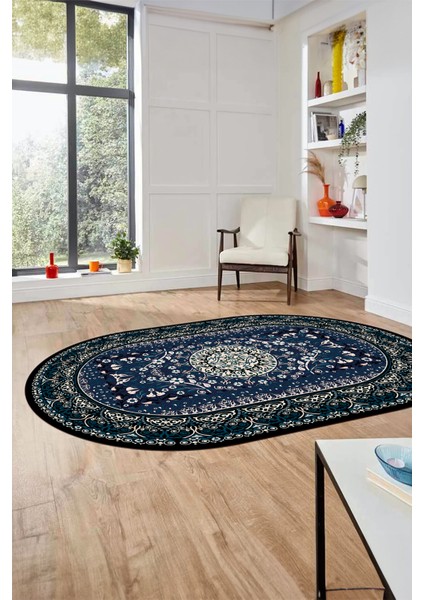 Şık Klasik Dijital Kaymaz Taban Yıkanabilir Oval Yolluk Mutfak Salon Halısı, O-Klasik-14-Mavi, indirimleri