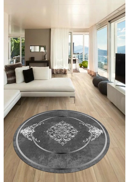 Baskılı Kaymaz Yıkanabilir Çerçeveli Klasik Desen Yuvarlak Mutfak Salon Halısı, Y-Klasik-05-Antrast,