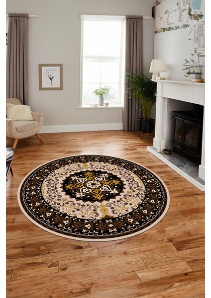 Renkli Klasik Motifli Dijital Kaymaz Yıkanabilir Yuvarlak Mutfak Salon Halısı, Y-Klasik-27-Kahve, modelleri