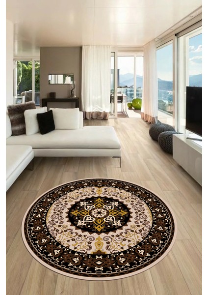 Renkli Klasik Motifli Dijital Kaymaz Yıkanabilir Yuvarlak Mutfak Salon Halısı, Y-Klasik-27-Kahve, fırsatları