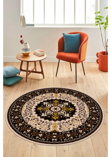 Renkli Klasik Motifli Dijital Kaymaz Yıkanabilir Yuvarlak Mutfak Salon Halısı, Y-Klasik-27-Kahve, indirimleri