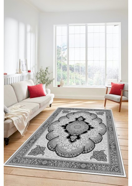 Dijital Kaymaz Yıkanabilir Çerçeveli Göbekli Klasik Desen Salon Halısı, Klasik-02-Gri,