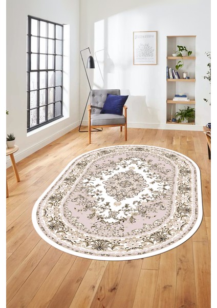 Klasik Desenli Dijital Kaymaz Yıkanabilir Oval Yolluk Mutfak Salon Halısı, O-Klasik-23-Pembe, fırsatları