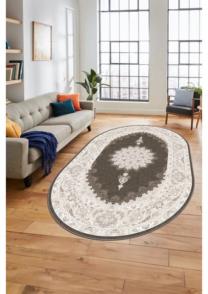 Baskılı Kaymaz Yıkanabilir Göbekli Klasik Desen Oval Mutfak Salon Halısı, O-Klasik-03-Kahve, indirimleri