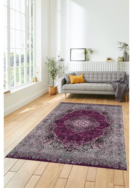Dijital Kaymaz Yıkanabilir Göbekli Klasik Desen Yolluk Salon Halısı, Klasik-07-Mor, modelleri