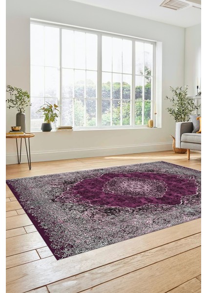 Dijital Kaymaz Yıkanabilir Göbekli Klasik Desen Yolluk Salon Halısı, Klasik-07-Mor, fırsatları