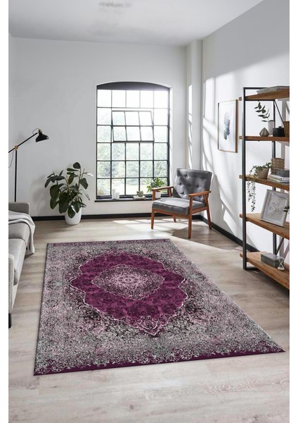 Dijital Kaymaz Yıkanabilir Göbekli Klasik Desen Yolluk Salon Halısı, Klasik-07-Mor, indirimleri