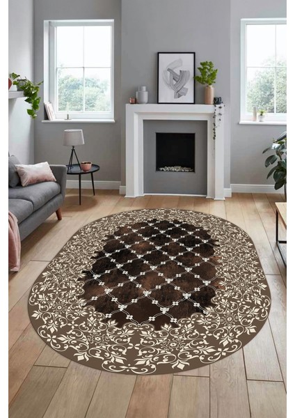 Baskılı Kaymaz Yıkanabilir Klasik Desen Yolluk Oval Mutfak Salon Halısı, O-Klasik-04-Kahve, modelleri