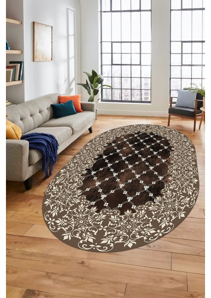 Baskılı Kaymaz Yıkanabilir Klasik Desen Yolluk Oval Mutfak Salon Halısı, O-Klasik-04-Kahve, indirimleri